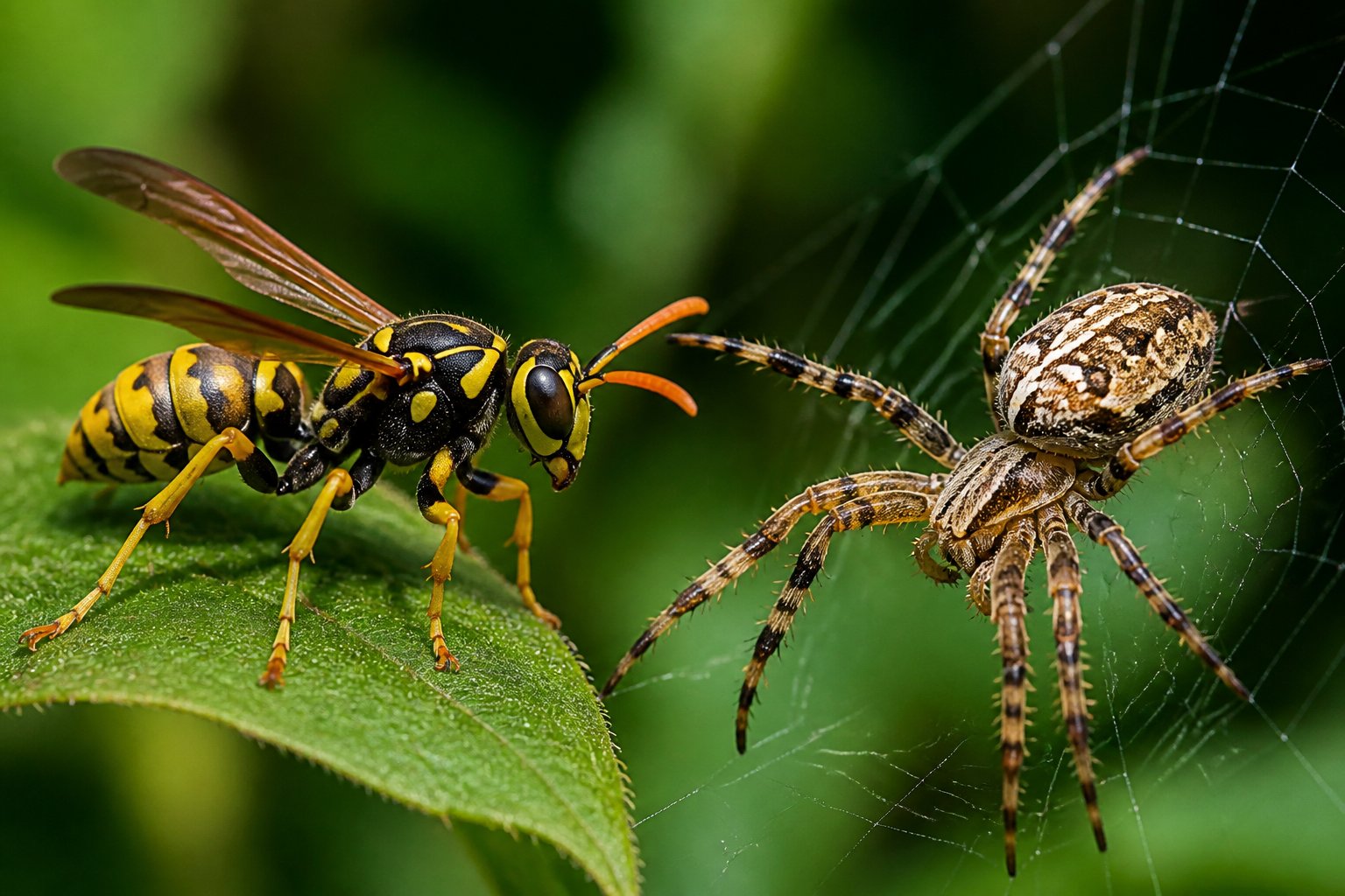 A close-up scene showing a spider and a wasp facing each other on natural foliage.