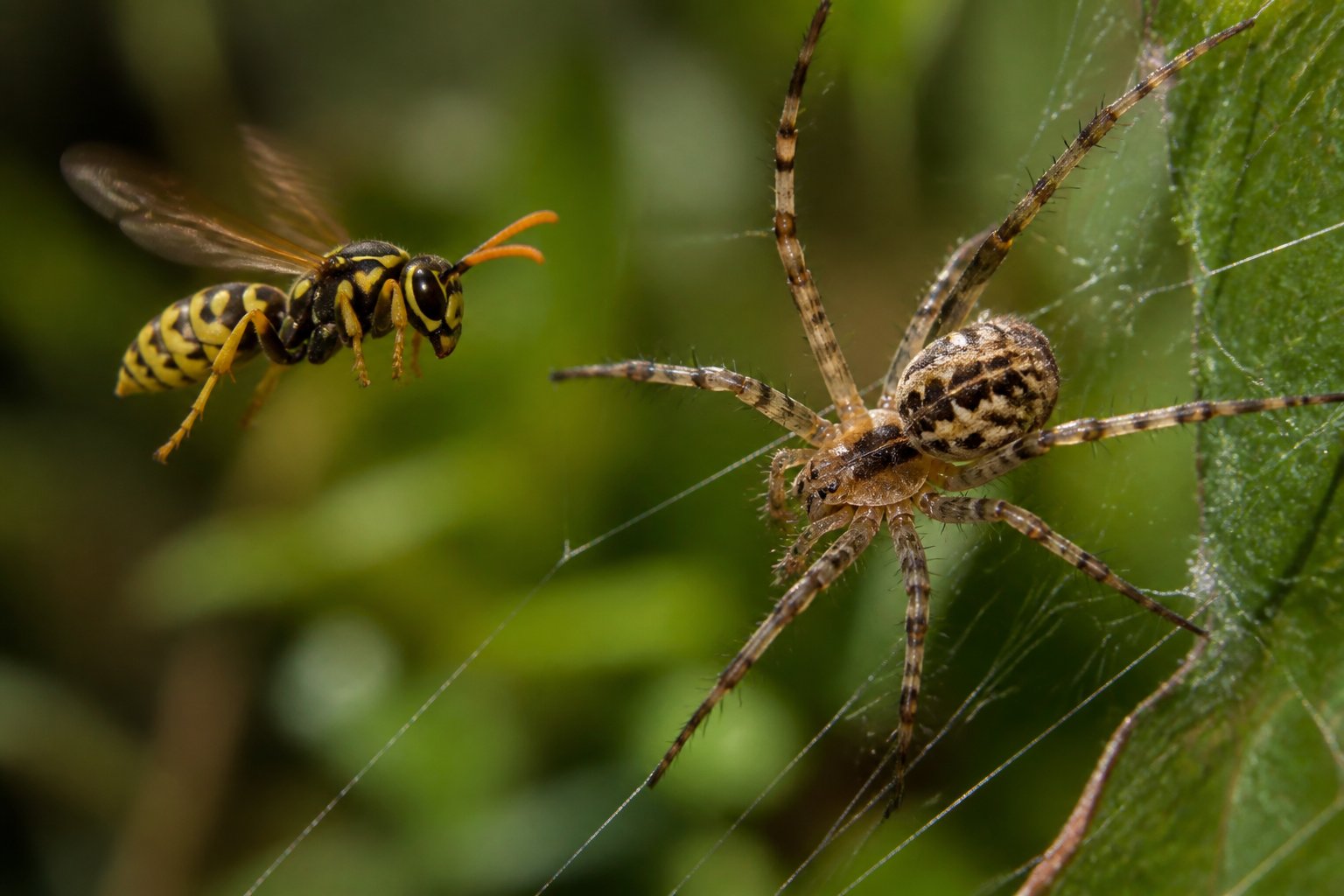 A close-up of a spider and a wasp facing each other in a natural setting, showing a defensive interaction.