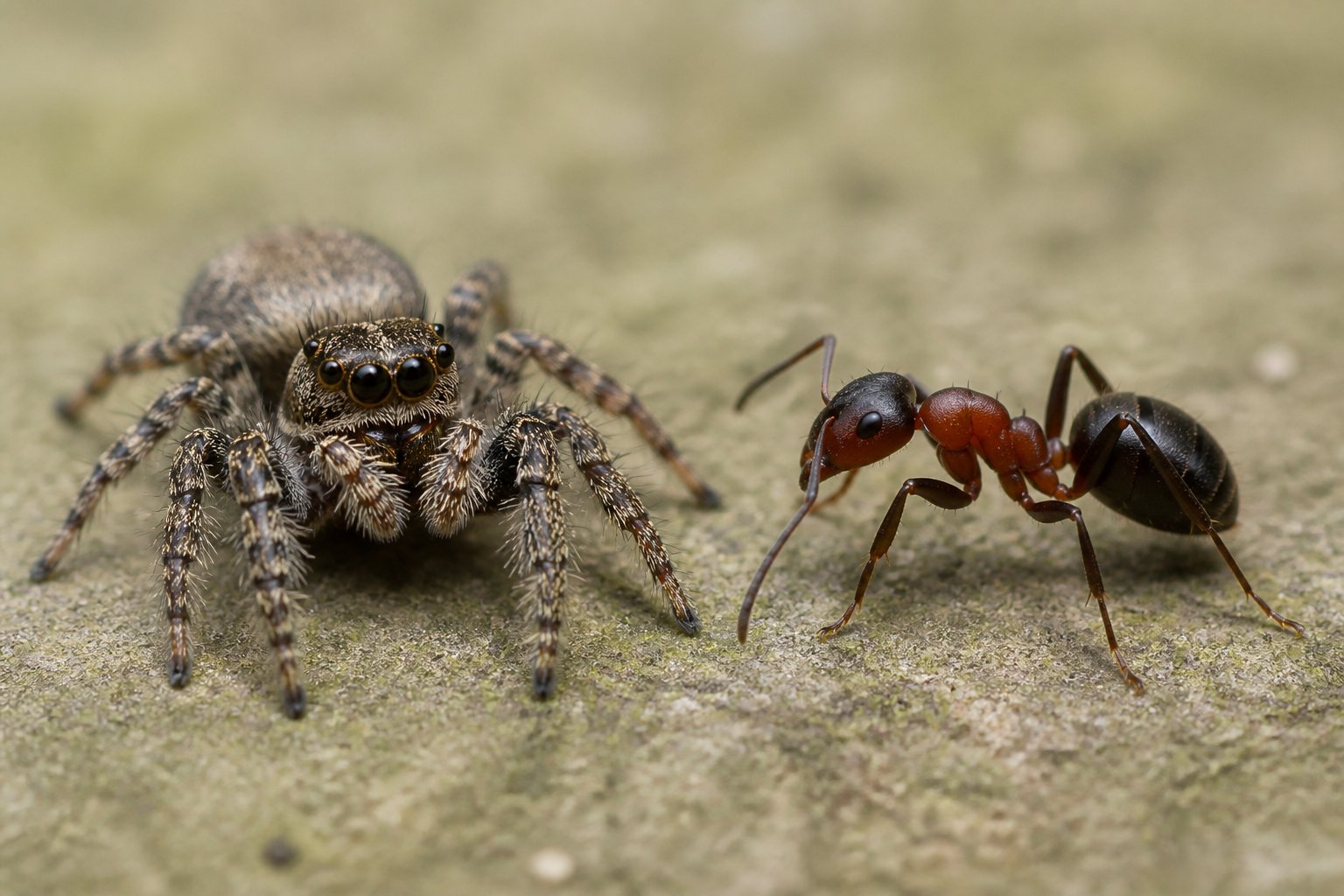 Close-up view of a spider and an ant side by side on a natural surface showing their different body structures.