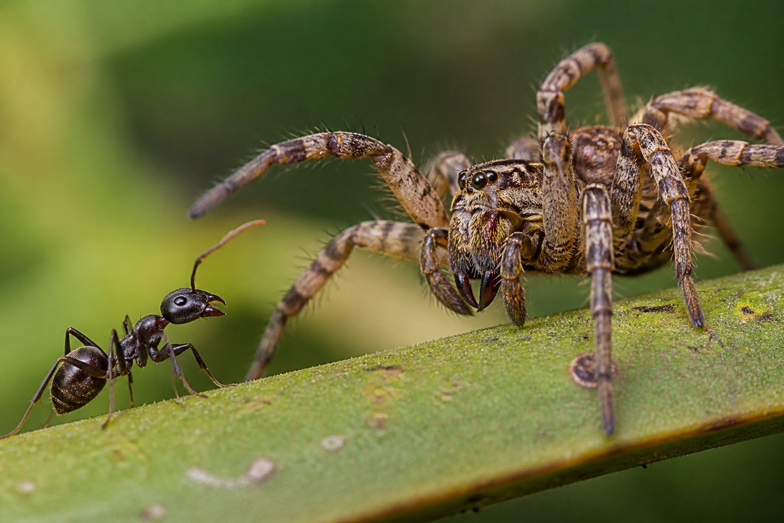 Close-up of a spider and an ant facing each other on a leaf in a natural environment.