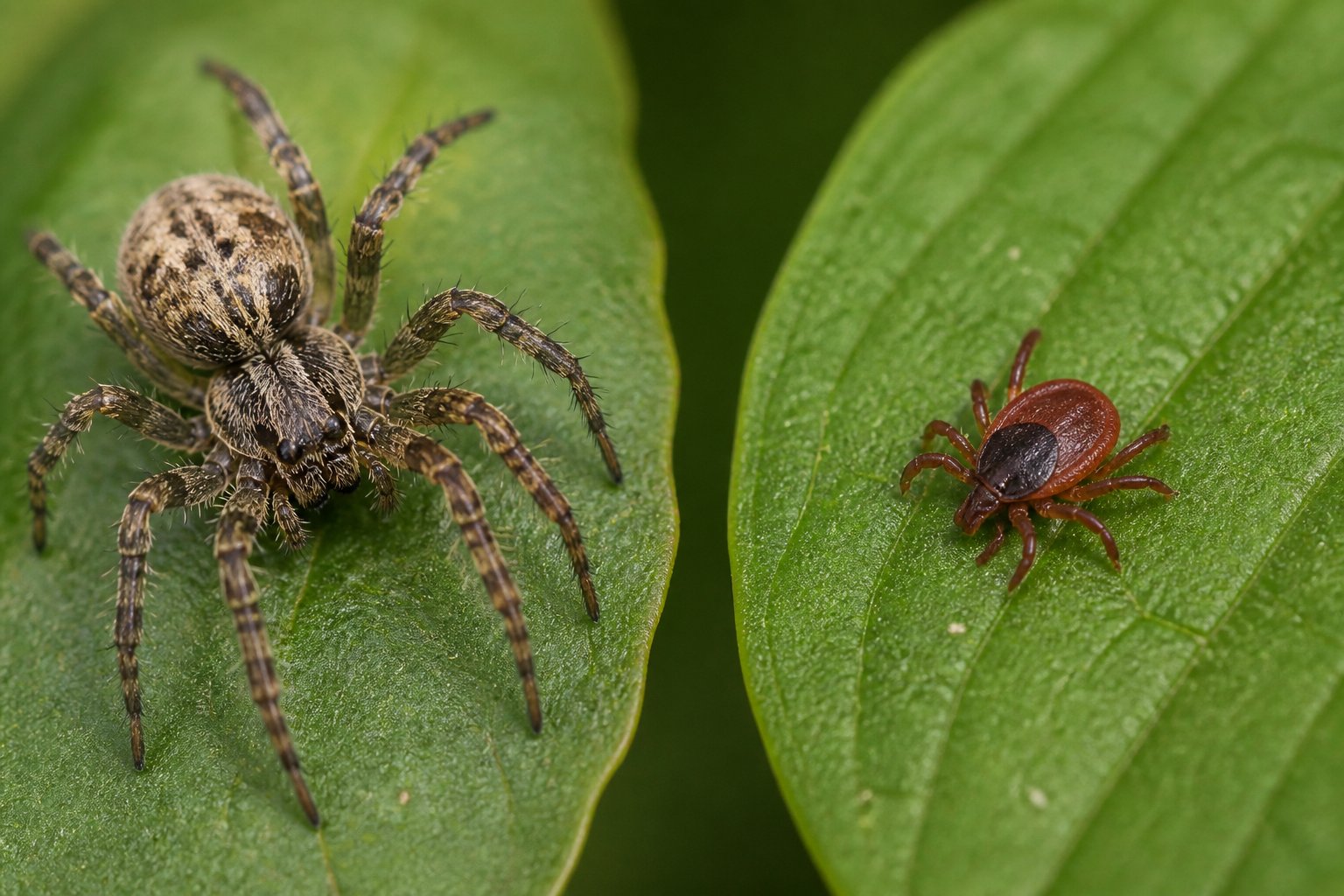 Close-up image showing a spider and a tick side by side on green leaves, highlighting their size and body differences.