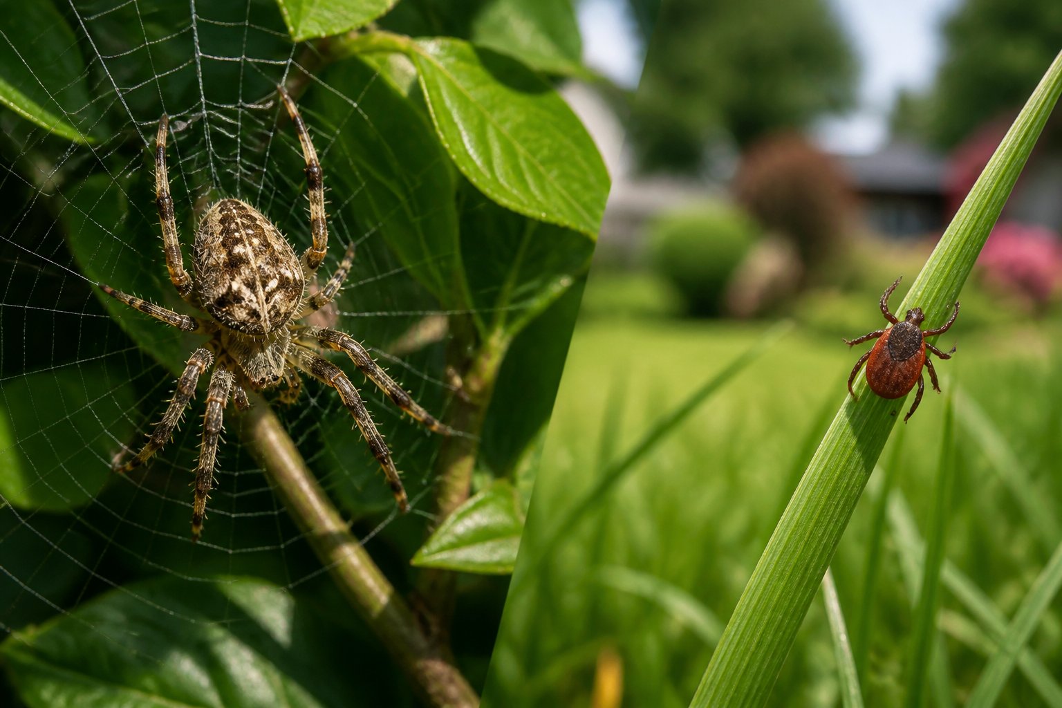Close-up view of a spider on a web among green leaves and a tick clinging to grass in a garden setting.