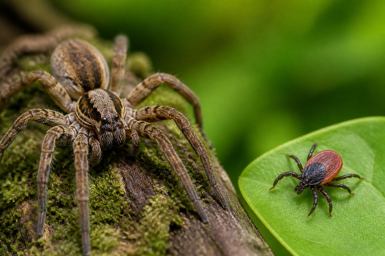 Close-up of a spider and a tick on a natural green background.