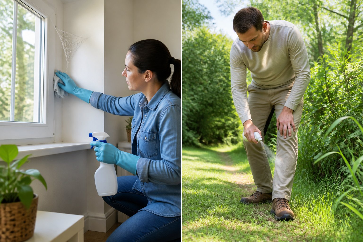A person spraying inside a home to prevent spiders and another person applying insect repellent outdoors to protect against ticks in a garden.