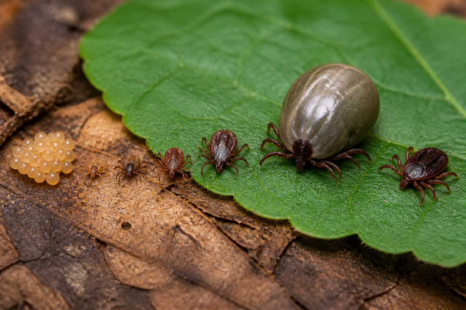A realistic life cycle scene showing tick eggs, larvae, nymphs, and adult ticks on leaves and leaf litter.