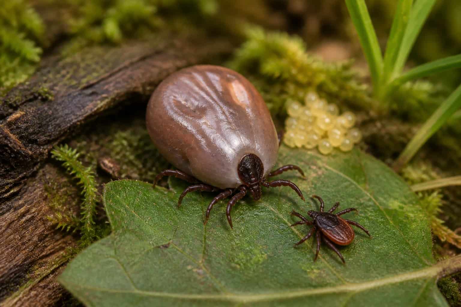 Adult ticks on forest foliage with tiny eggs nearby.