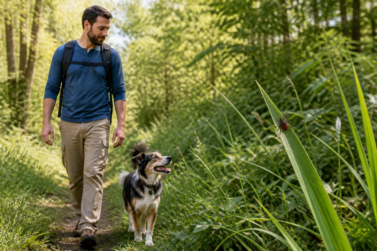 A person and dog walk along a grassy woodland path with a tick waiting on a blade of grass.