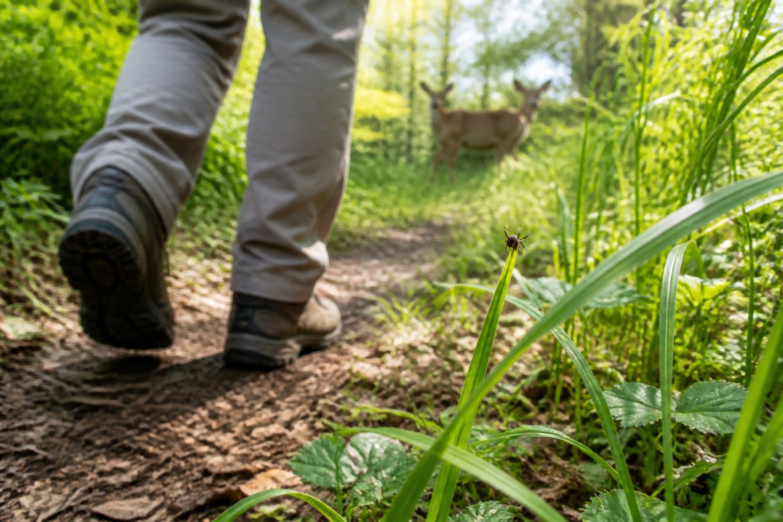A hiker walks along a grassy woodland trail with a tick visible on the tip of a blade of grass.