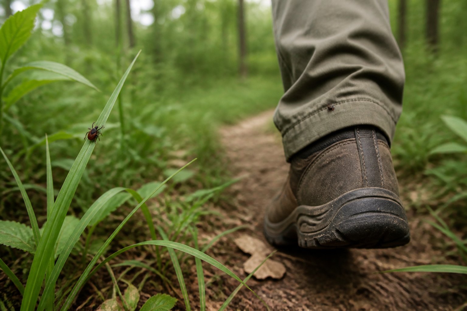 A tick clings to tall grass beside a hiking boot on a woodland trail.