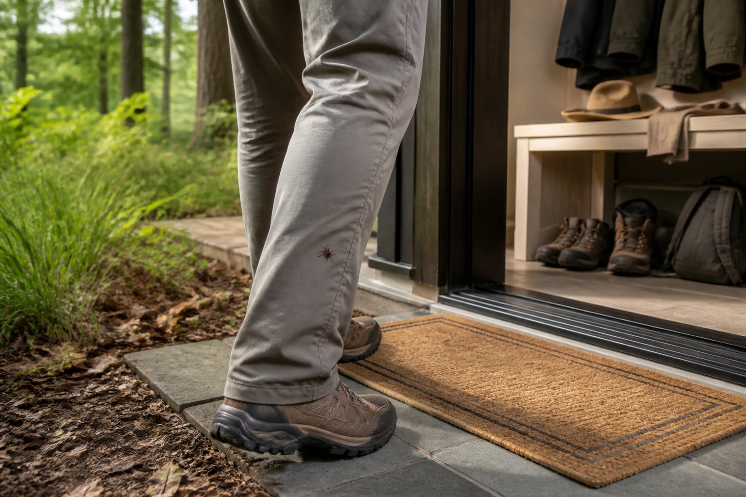 A person approaches a house from tall grass with a tick visible on their pant leg near the doorway.