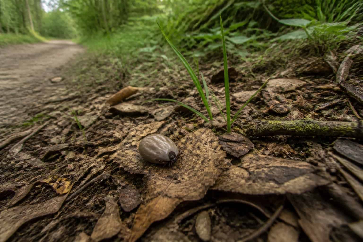 A female tick rests among leaf litter and low vegetation at the edge of a woodland trail.