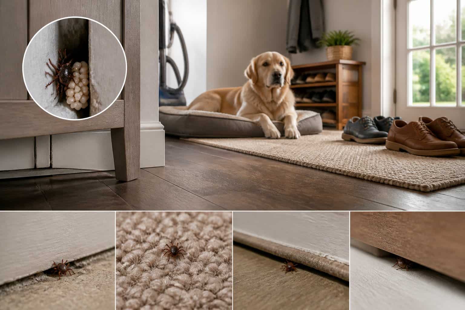A dog rests in a home entryway while tiny ticks and eggs are concealed near floor cracks and baseboards.