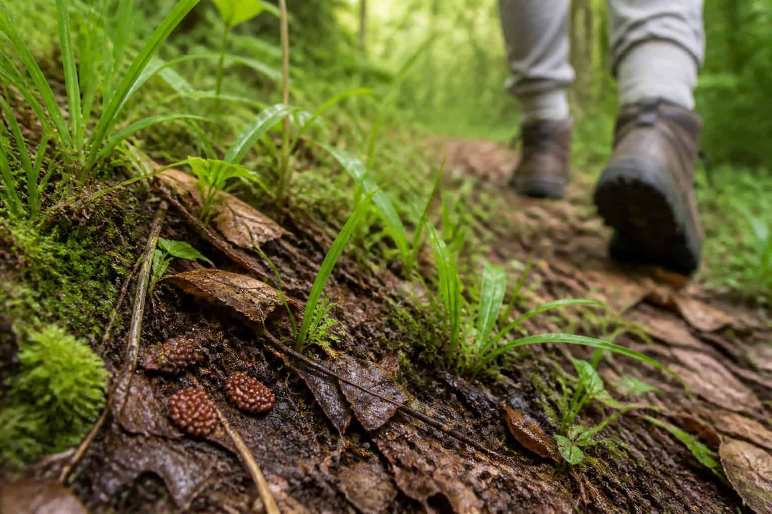 Tick eggs nestled among leaf litter and grass beside a woodland trail.