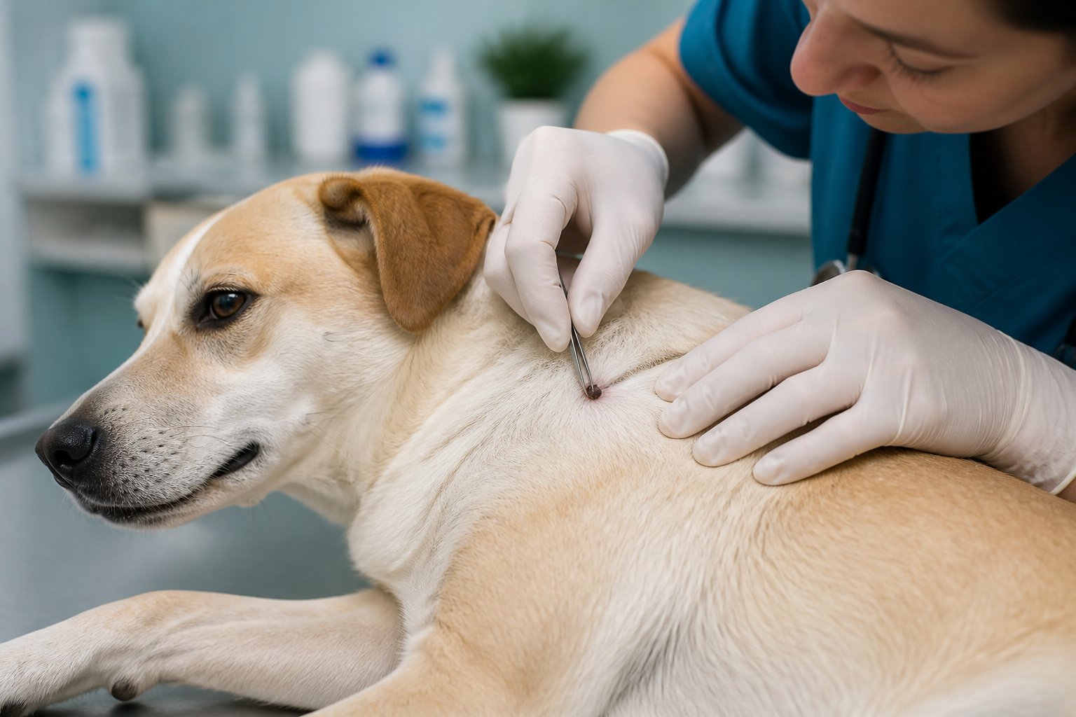 A veterinarian gently removes a tick from a calm dog using fine-tipped tweezers.