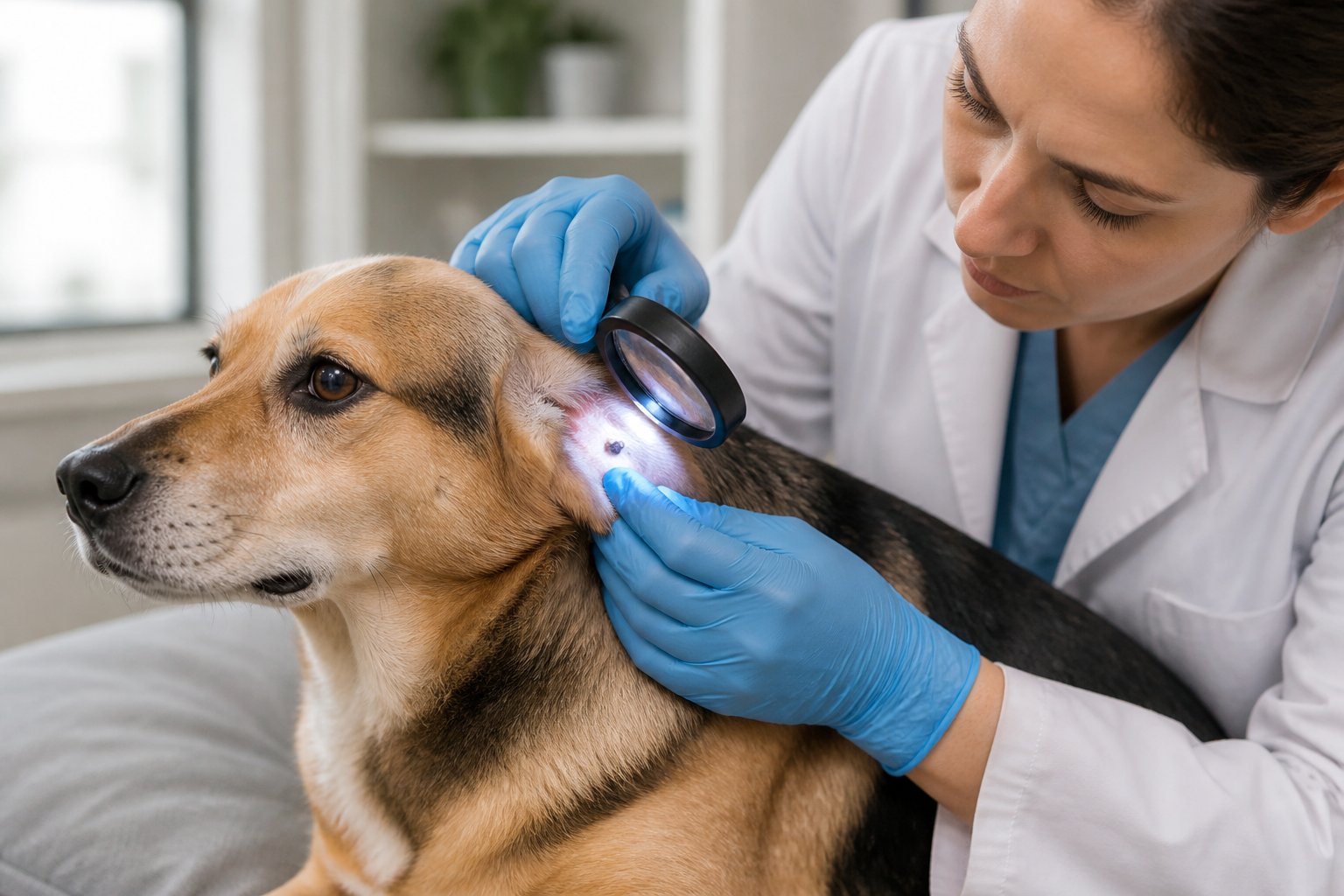 A veterinarian examines a calm dog with a tick near its ear in a clean clinic.