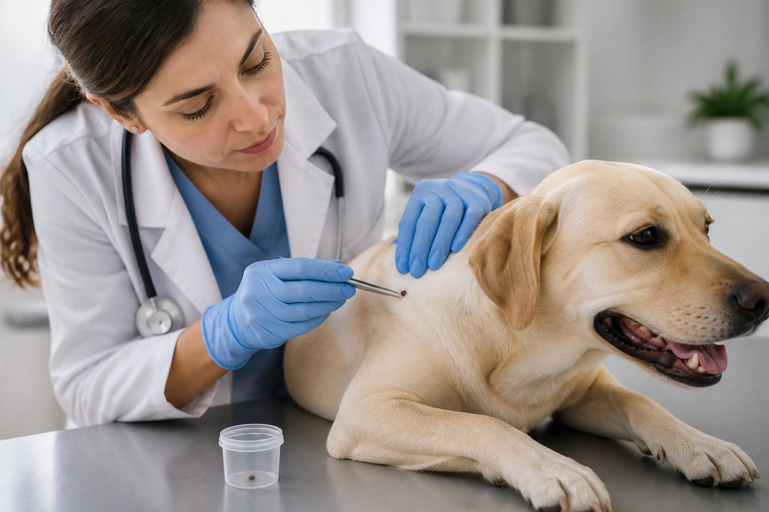 A veterinarian in gloves carefully removes a tick from a calm dog using tweezers in a clinic.