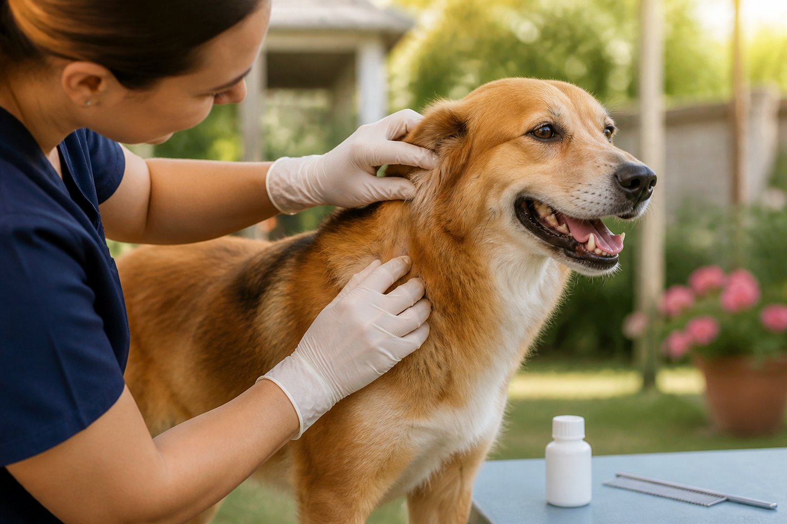 A veterinarian checks a dog’s fur while grooming tools and preventive care supplies sit nearby.