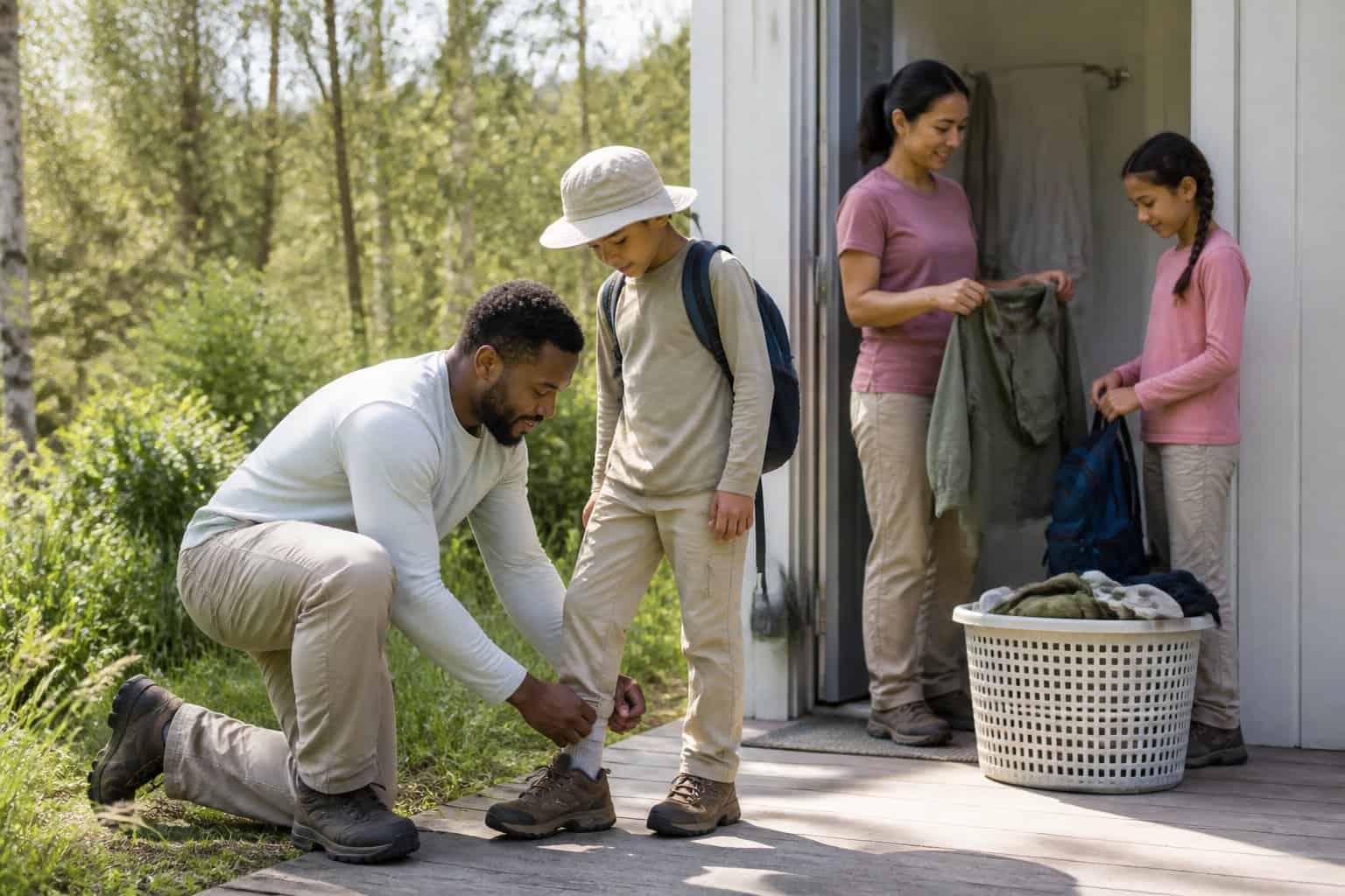 An adult and child prepare for and check their clothing after spending time outdoors near tall grass and trees.