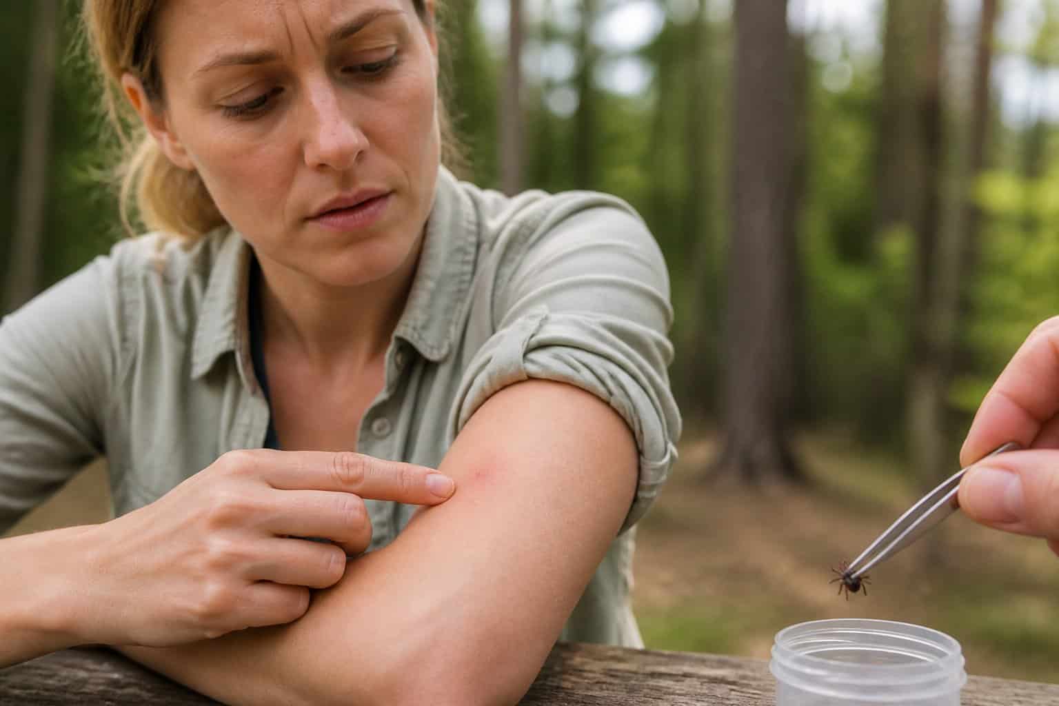 A person examines a small red bite mark on their forearm outdoors while holding a tick with tweezers.