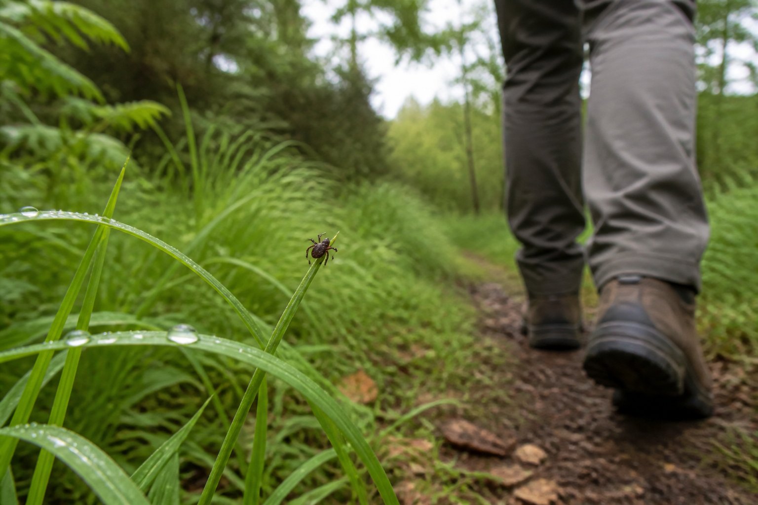 A tick rests on a blade of grass beside a woodland walking trail, with a hiker in the background.
