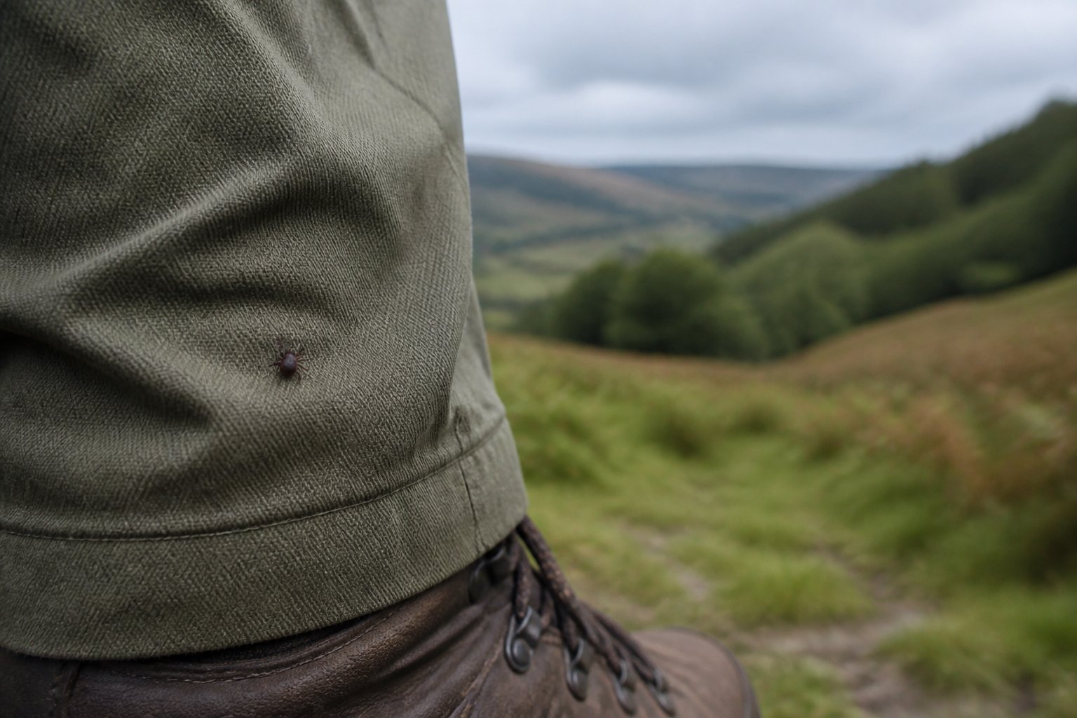 A tick rests on outdoor clothing near a person’s leg in a grassy UK countryside setting.