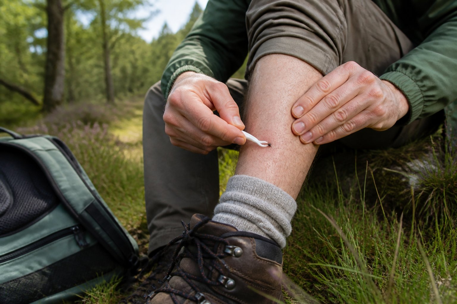 A hiker safely removes a tick from their lower leg using a tick-removal tool in a grassy woodland setting.