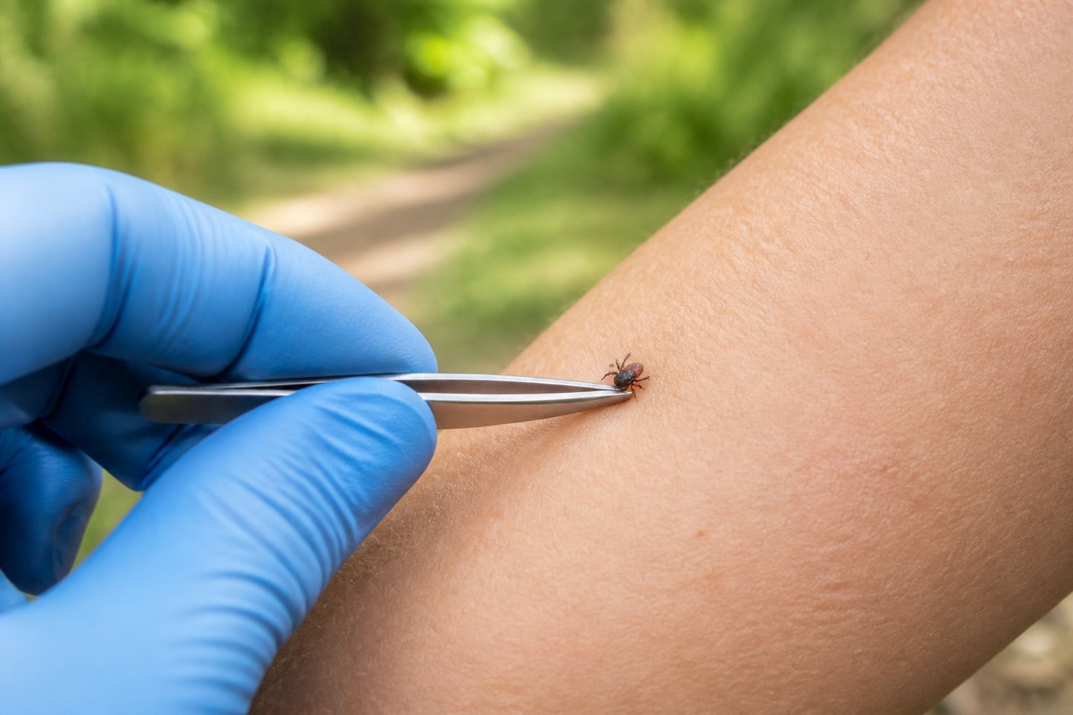 A gloved hand uses tweezers to carefully remove a tick from skin.