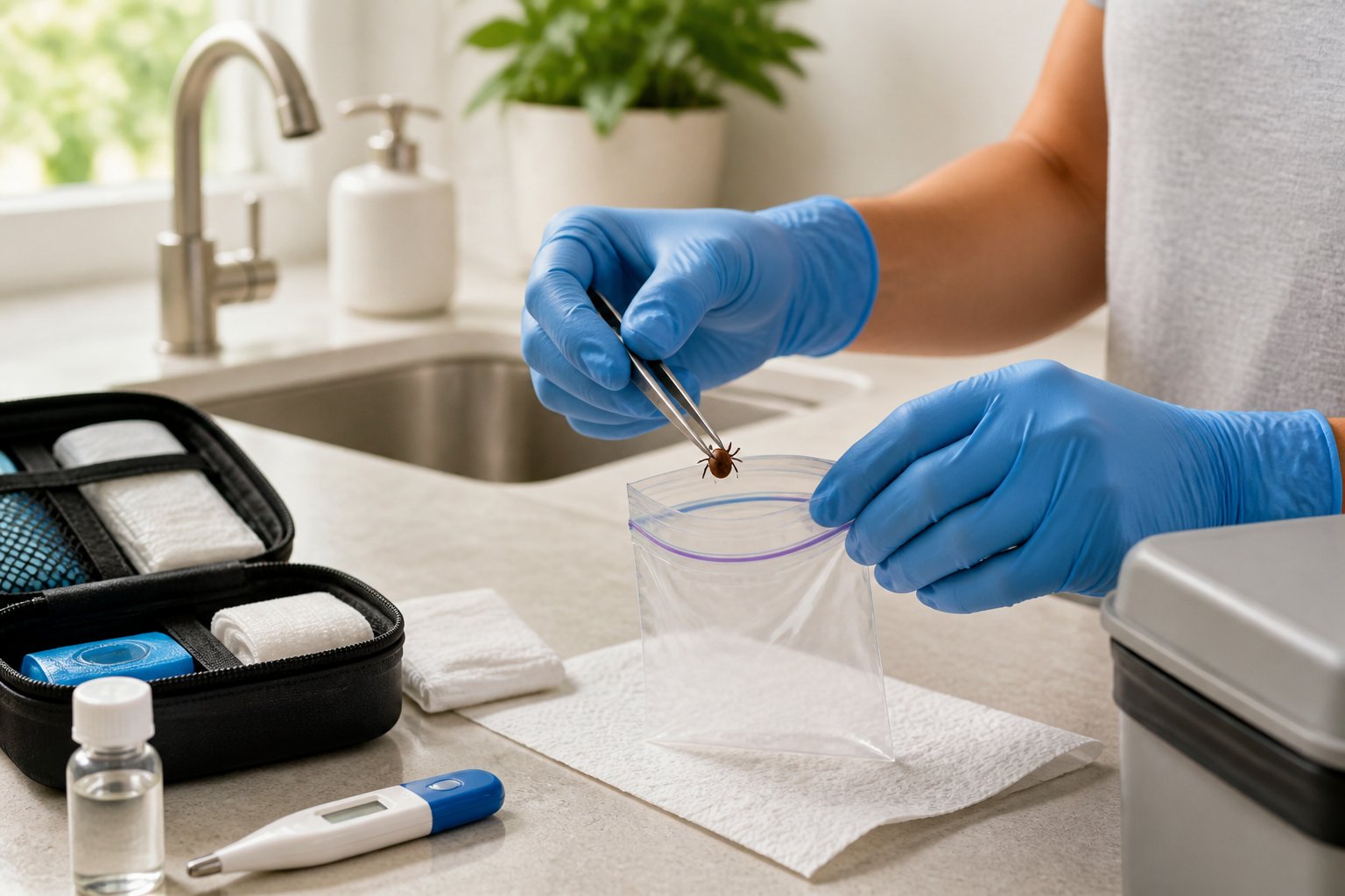 A gloved person places a removed tick into a sealed container beside a sink and first-aid supplies.