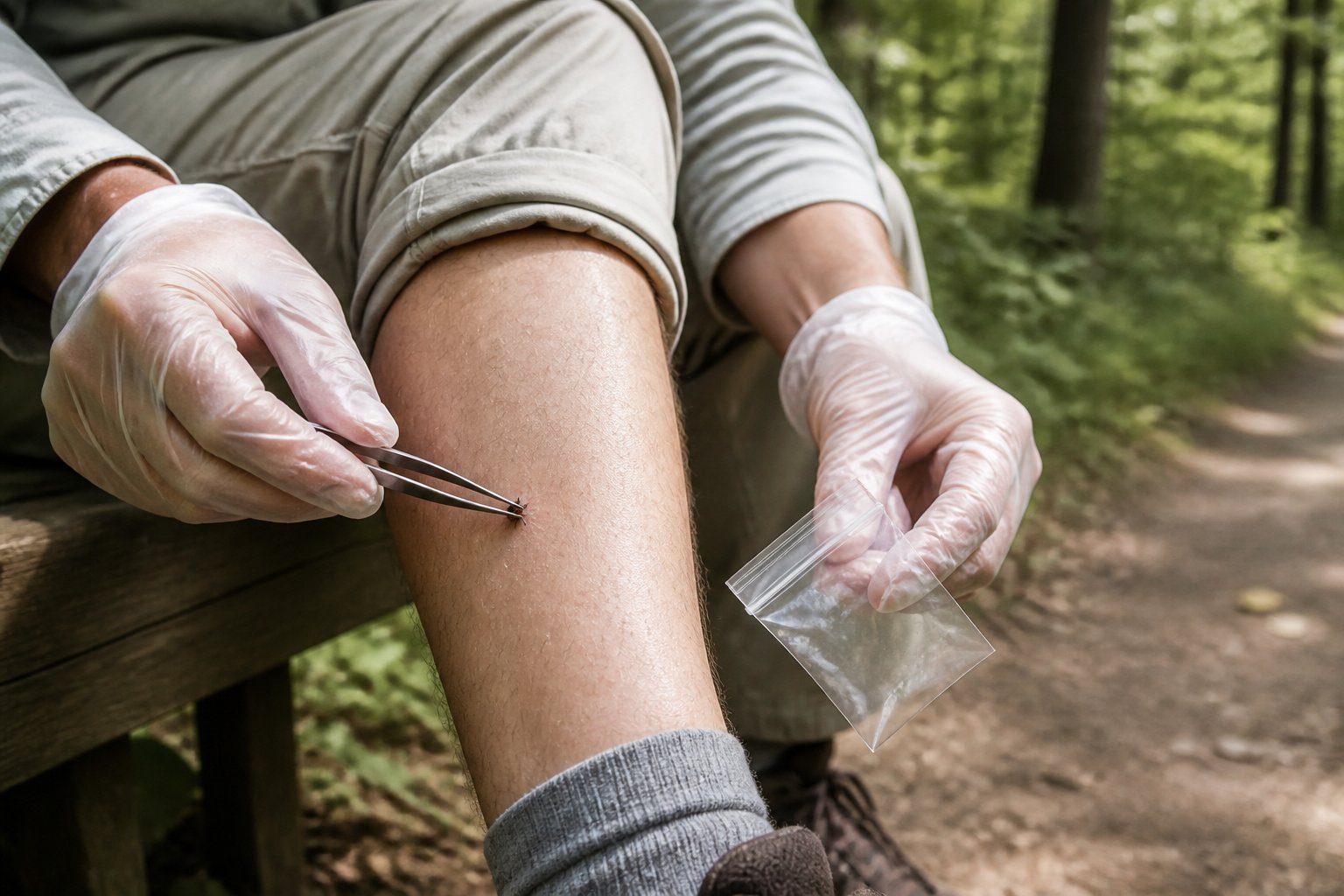 A person uses tweezers to carefully remove a tick from their lower leg outdoors.