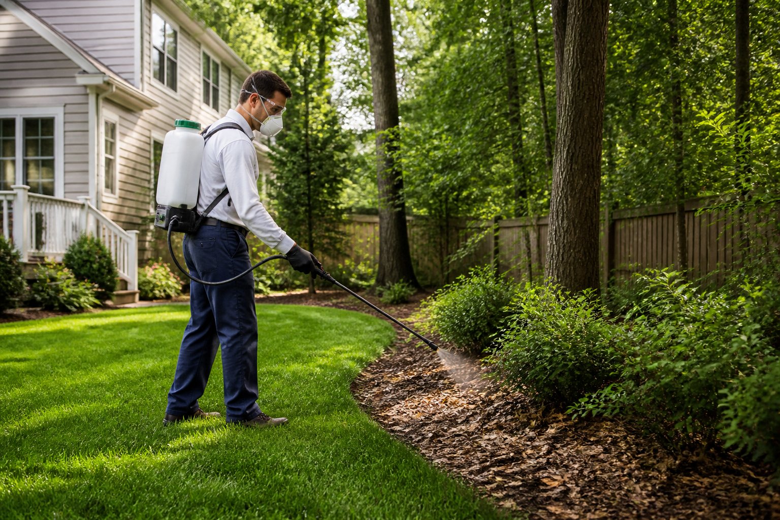 A pest-control technician sprays the edge of a suburban lawn near shrubs and wooded landscaping.