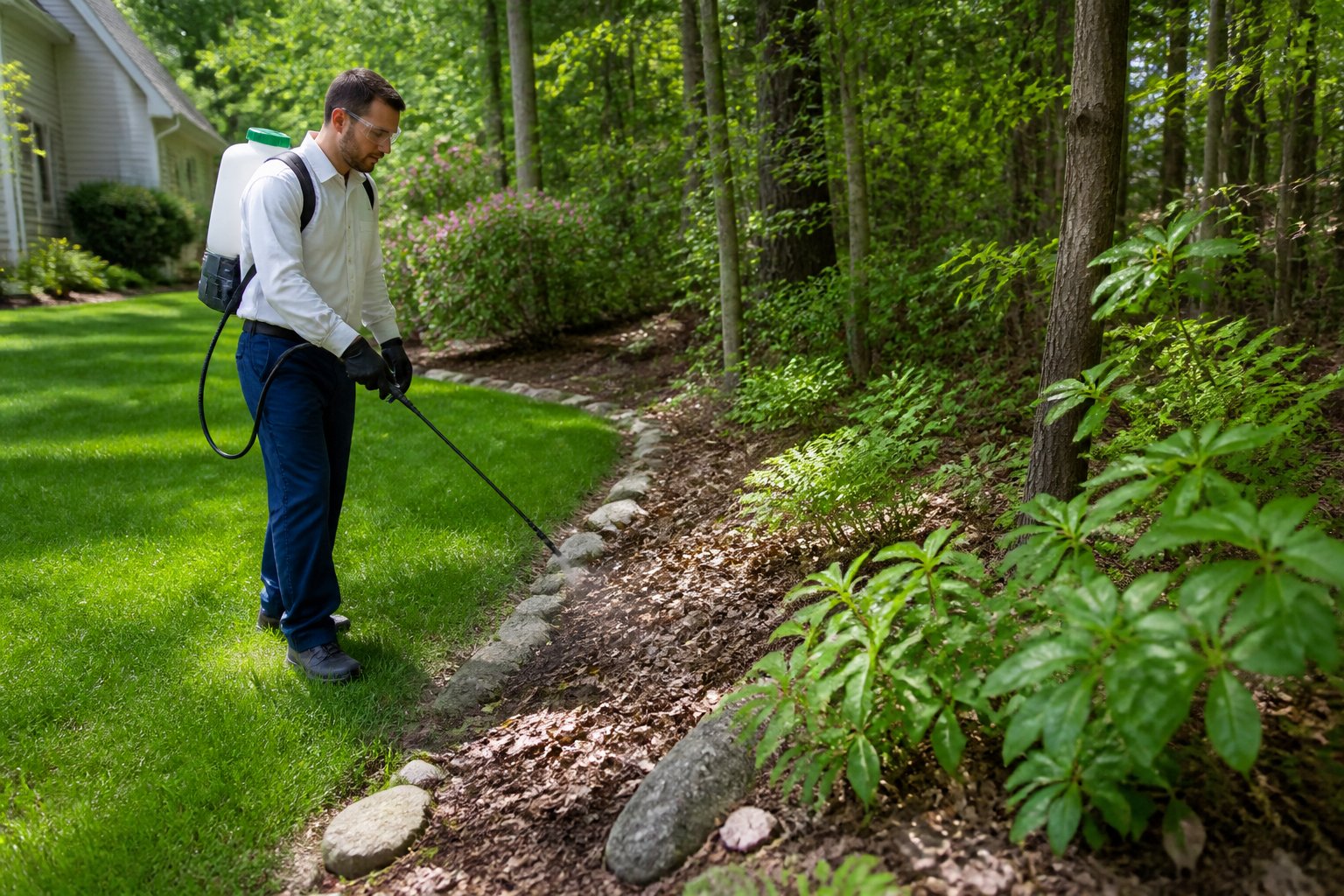 A pest-control technician treats the edge of a shady lawn near wooded tick habitat with a backpack sprayer.
