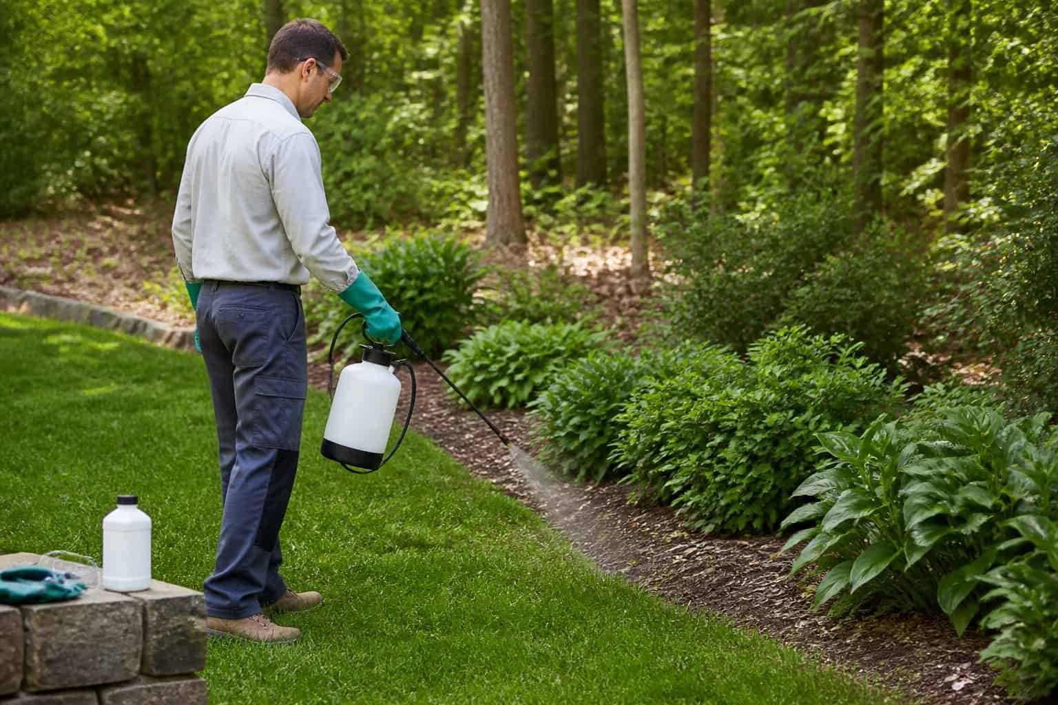 A protected homeowner sprays tick treatment along the edge of a lawn beside wooded vegetation.