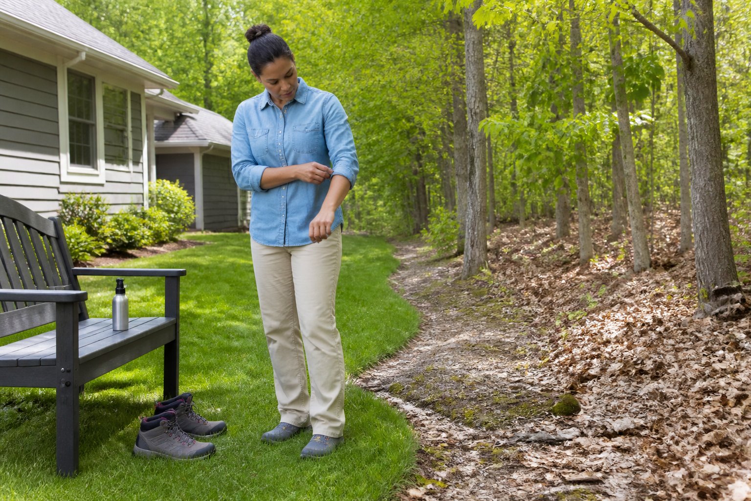 A homeowner checks their clothing beside a trimmed yard and wooded area, with protective outdoor gear and tick repellent nearby.