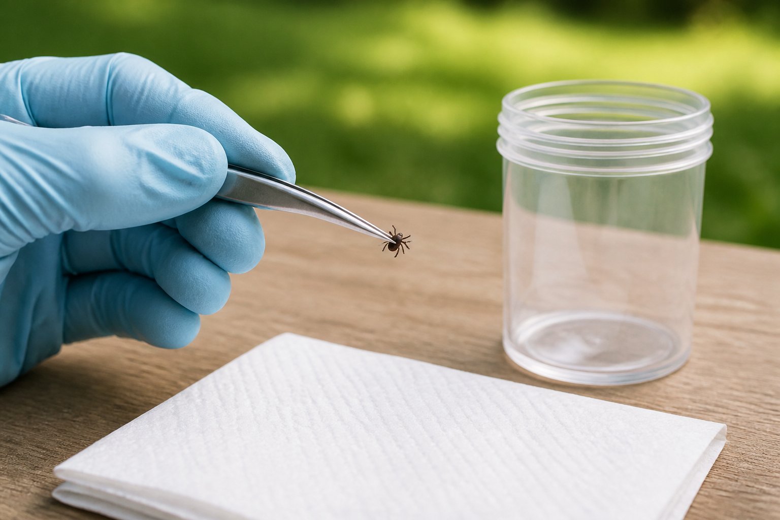 A gloved person uses tweezers to place a tick into a small sealable container.