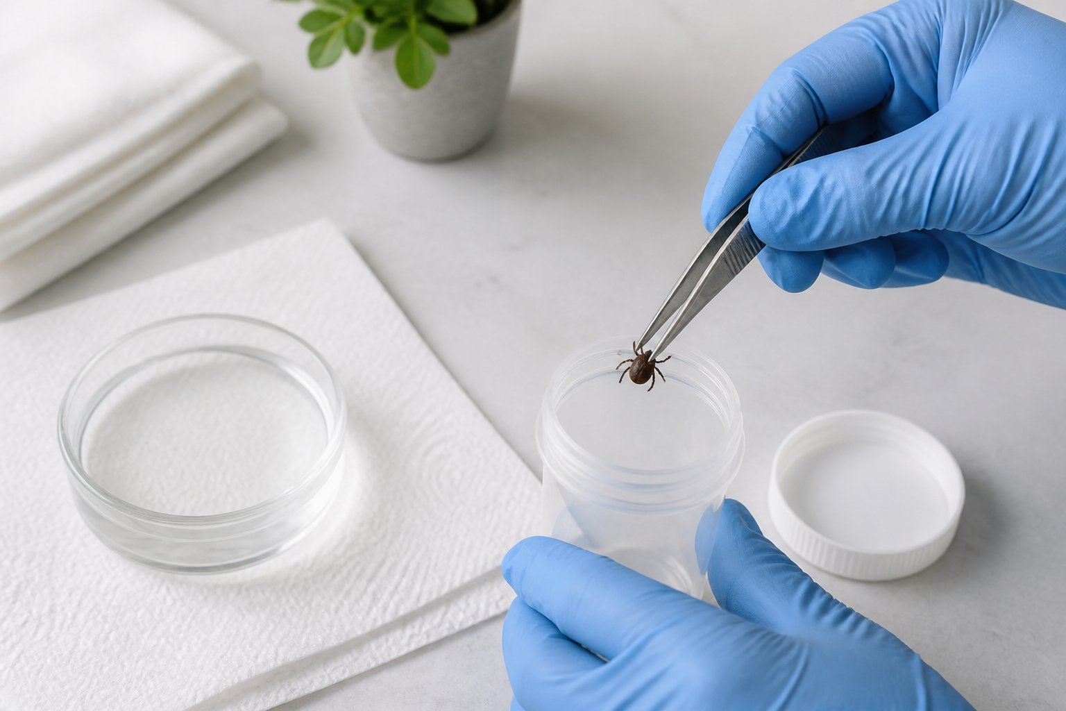 Gloved hands place a detached tick into a sealed specimen container beside a small dish of water.
