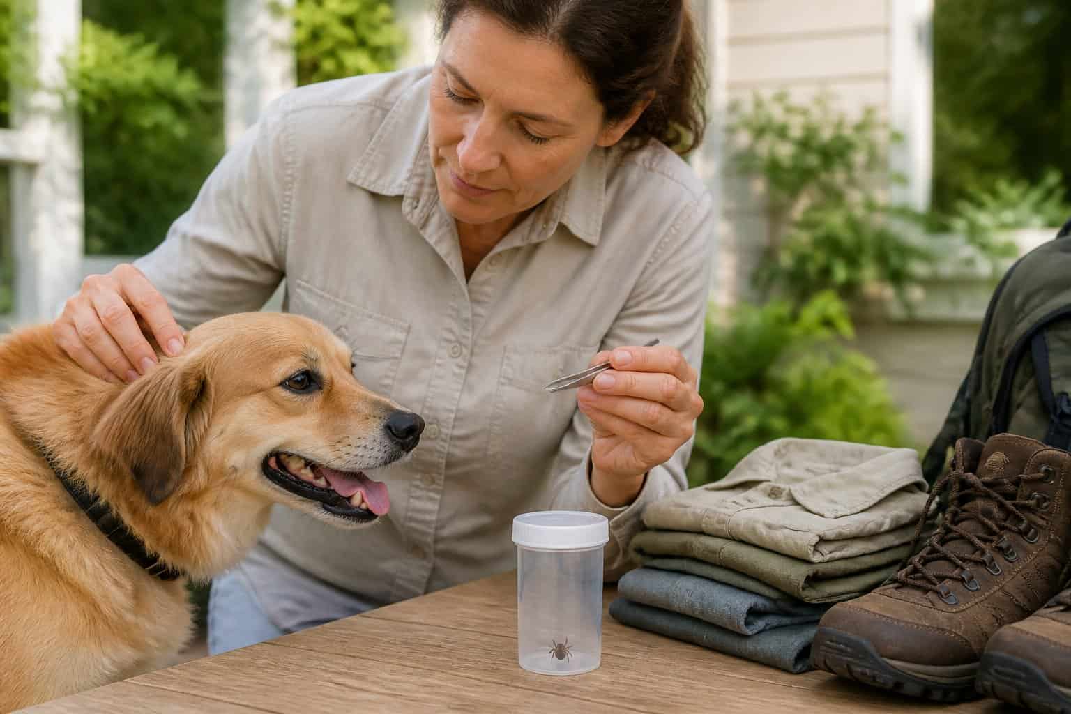 An adult checks a dog for ticks beside outdoor clothing and a sealed container holding a tick.