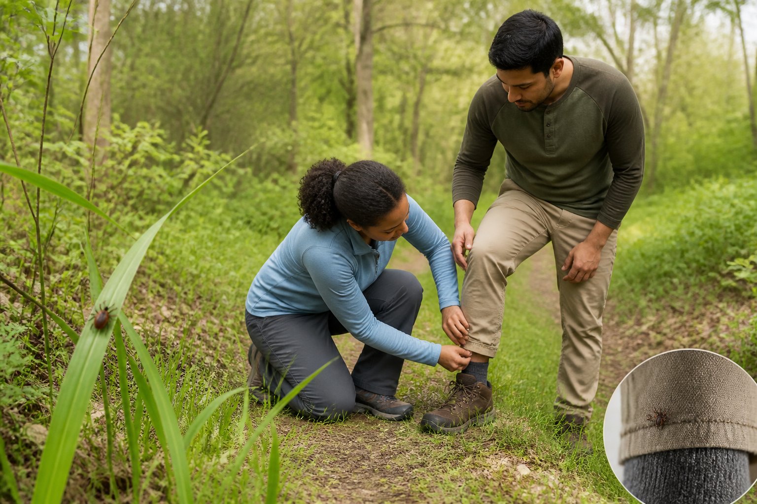 Two adults outdoors check clothing for ticks near a grassy woodland trail.