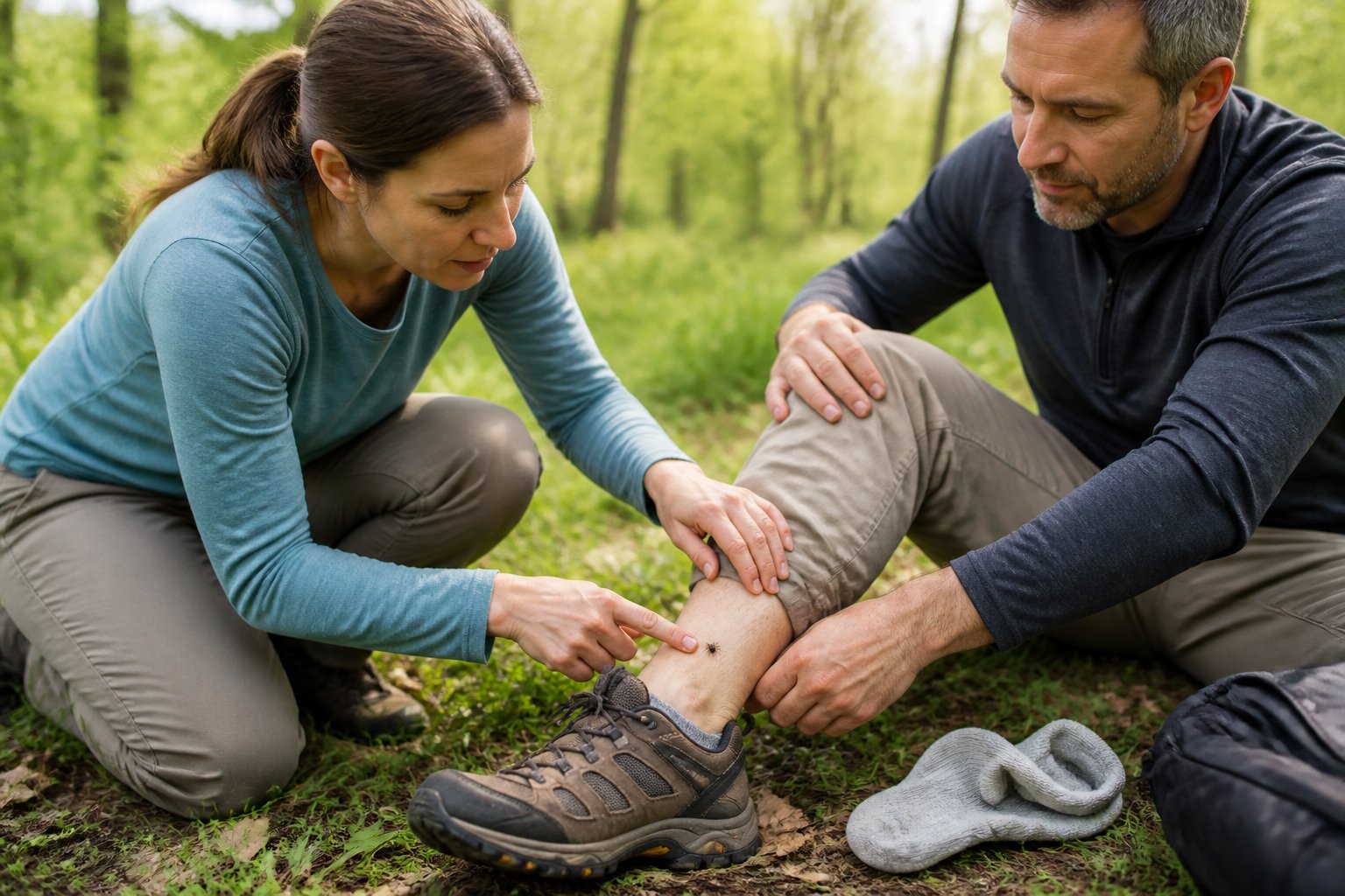One adult checks another adult’s ankle for a tick outdoors after a walk.