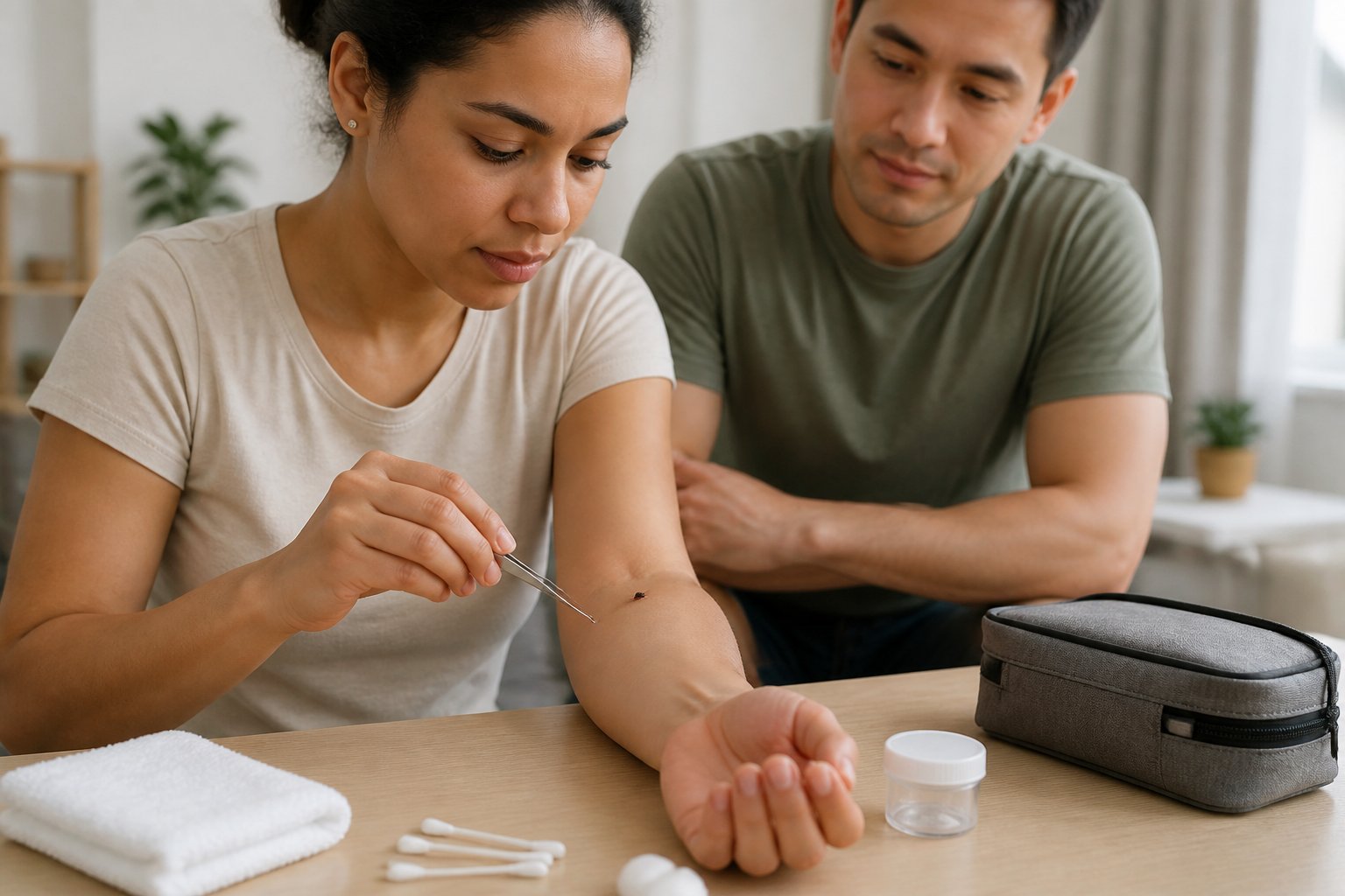 An adult examines a tick on their forearm with tweezers while another adult offers support nearby.