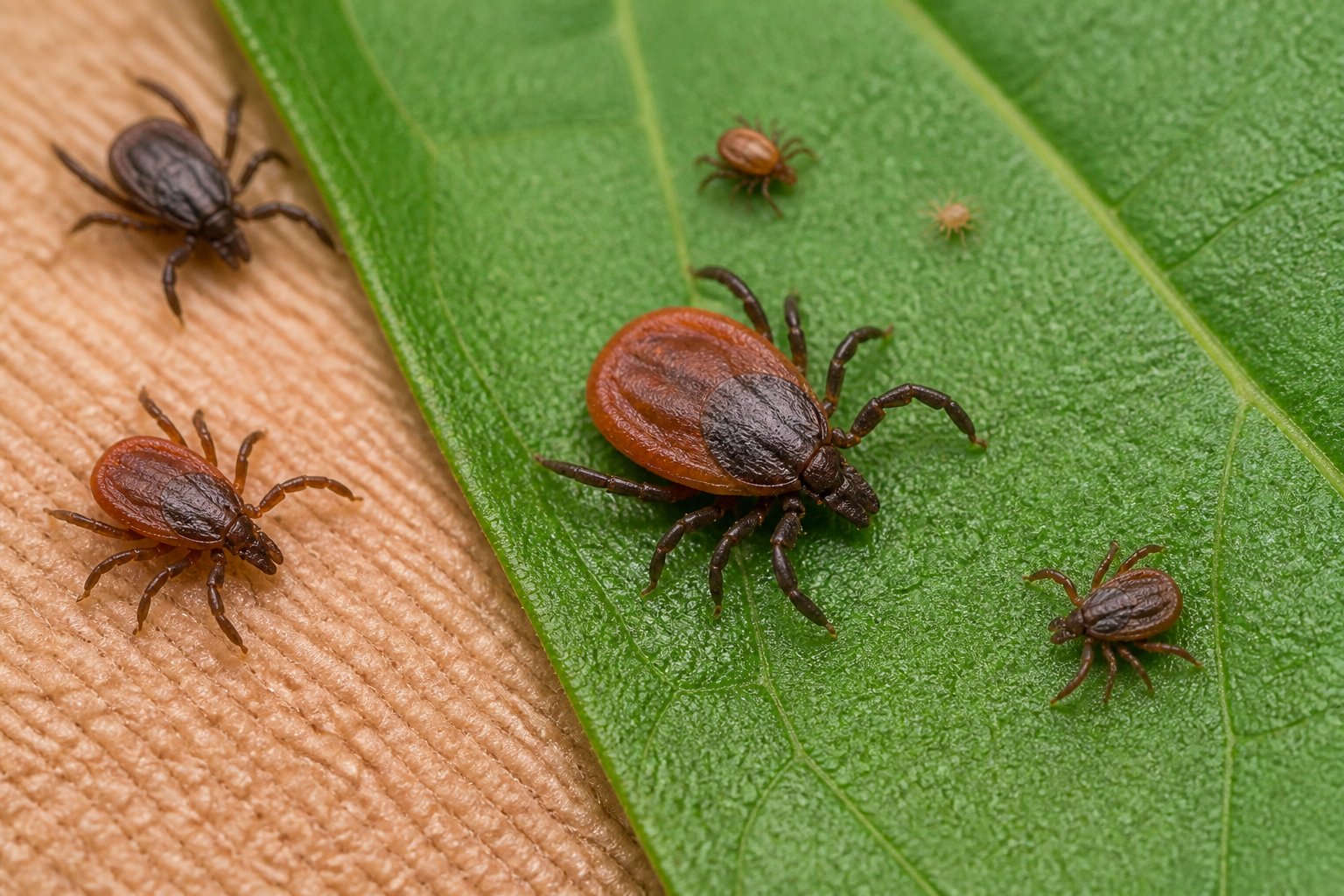 Several ticks at different life stages on a leaf beside a textured surface.