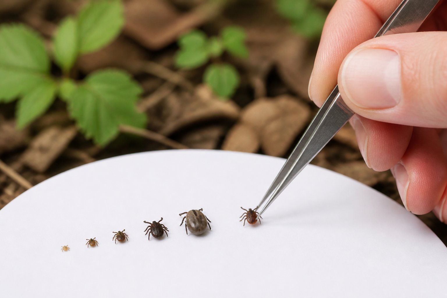 A hand examines a small tick with tweezers on a clean surface, with other ticks nearby and blurred foliage in the background.