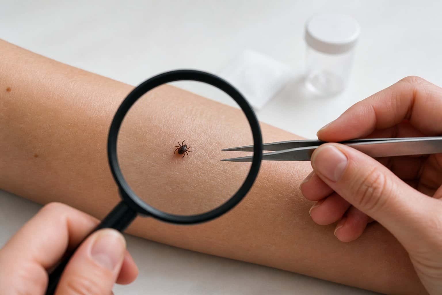 A person examines an attached tick on another person's forearm with a magnifying glass and tweezers.