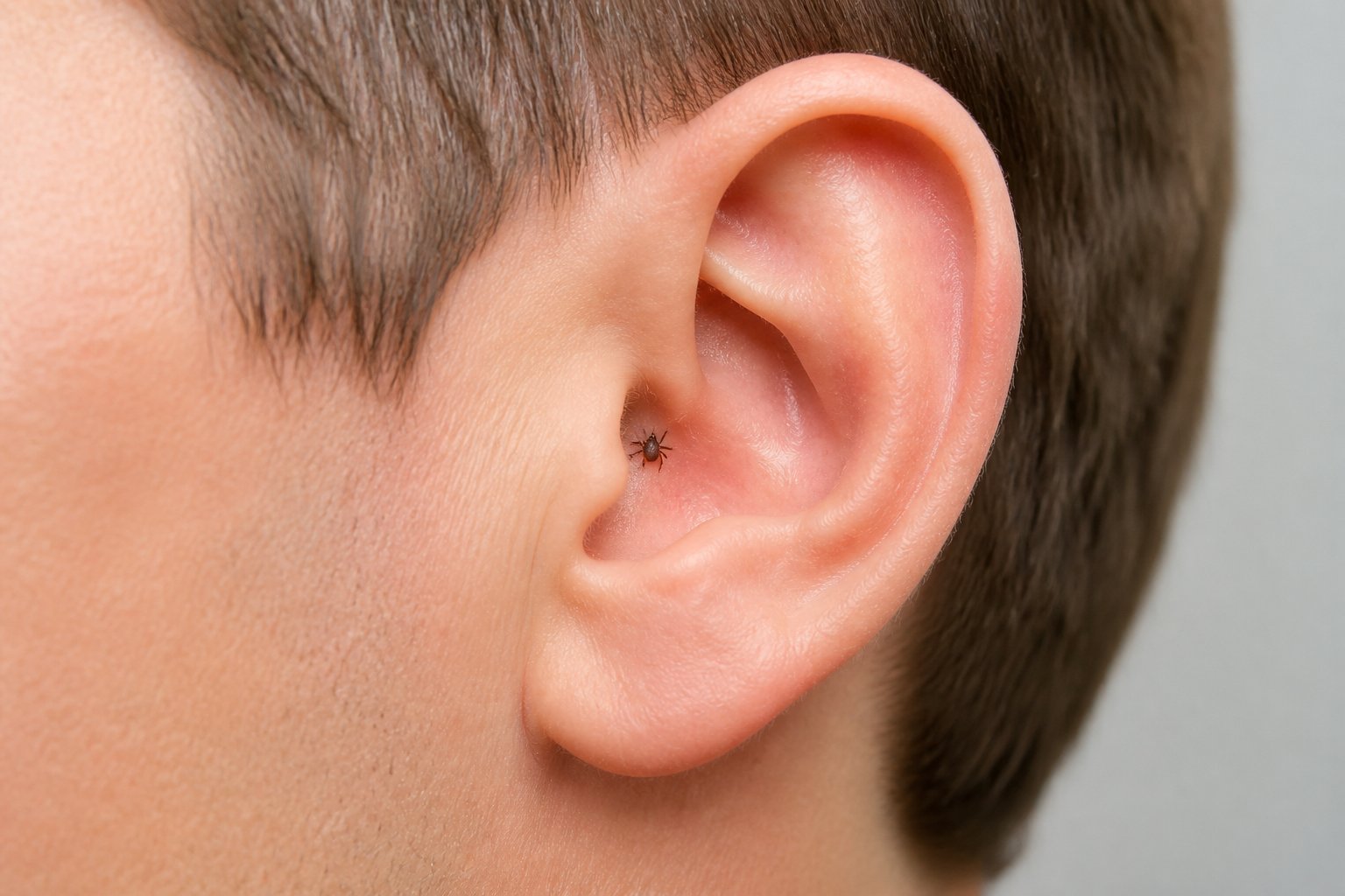 A person outdoors with a small tick on the outer edge of their ear.
