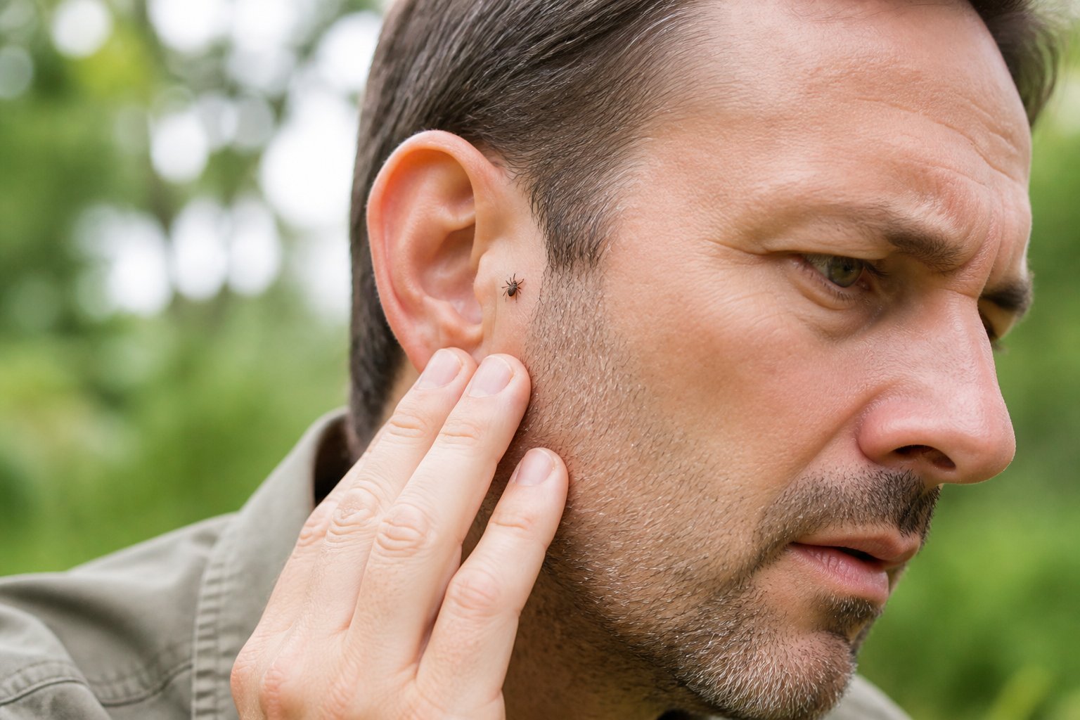 An adult outdoors touches the area around one ear while a small tick is visible on the nearby skin.