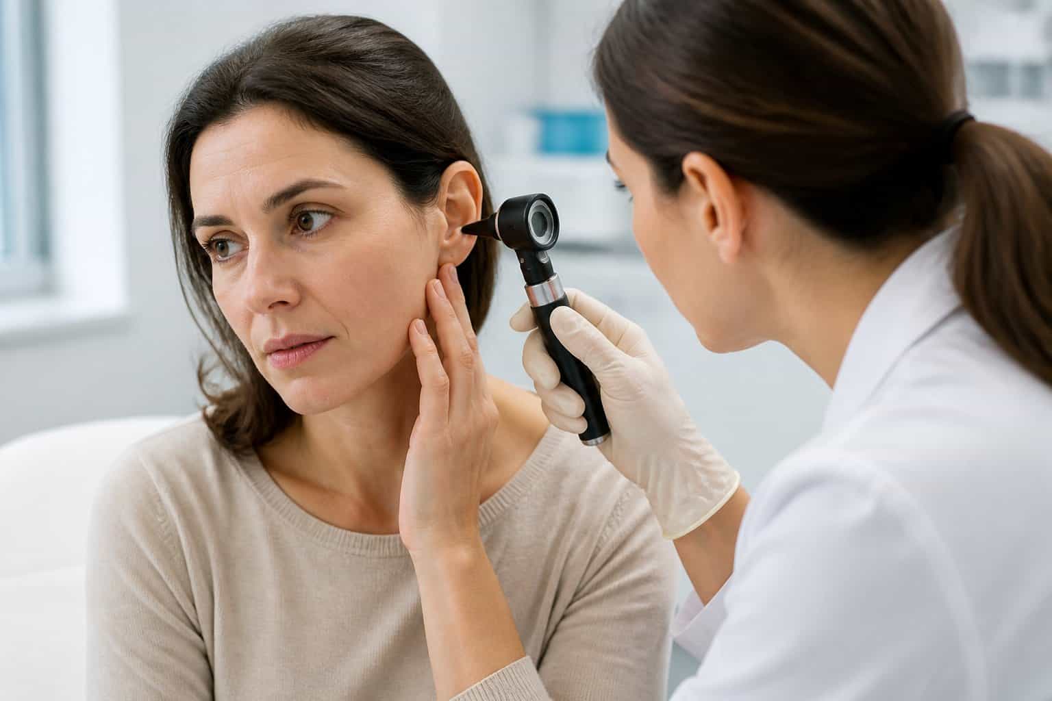 A healthcare professional examines a patient’s ear with an otoscope in a medical examination room.