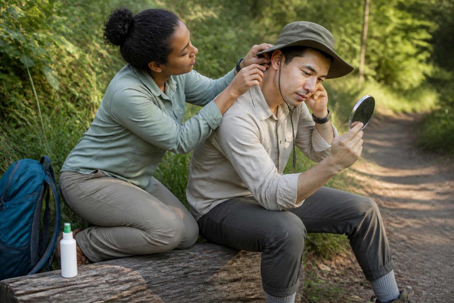 Hiker checks around their ear and hairline for ticks after walking through a wooded trail.