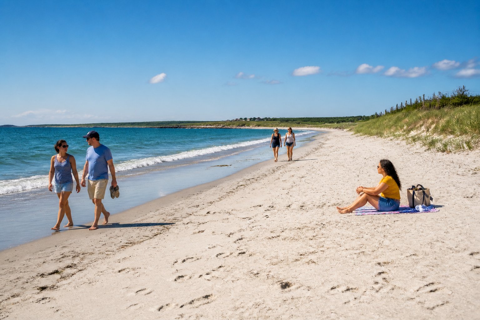People enjoying a wide, sunny beach beside the ocean.