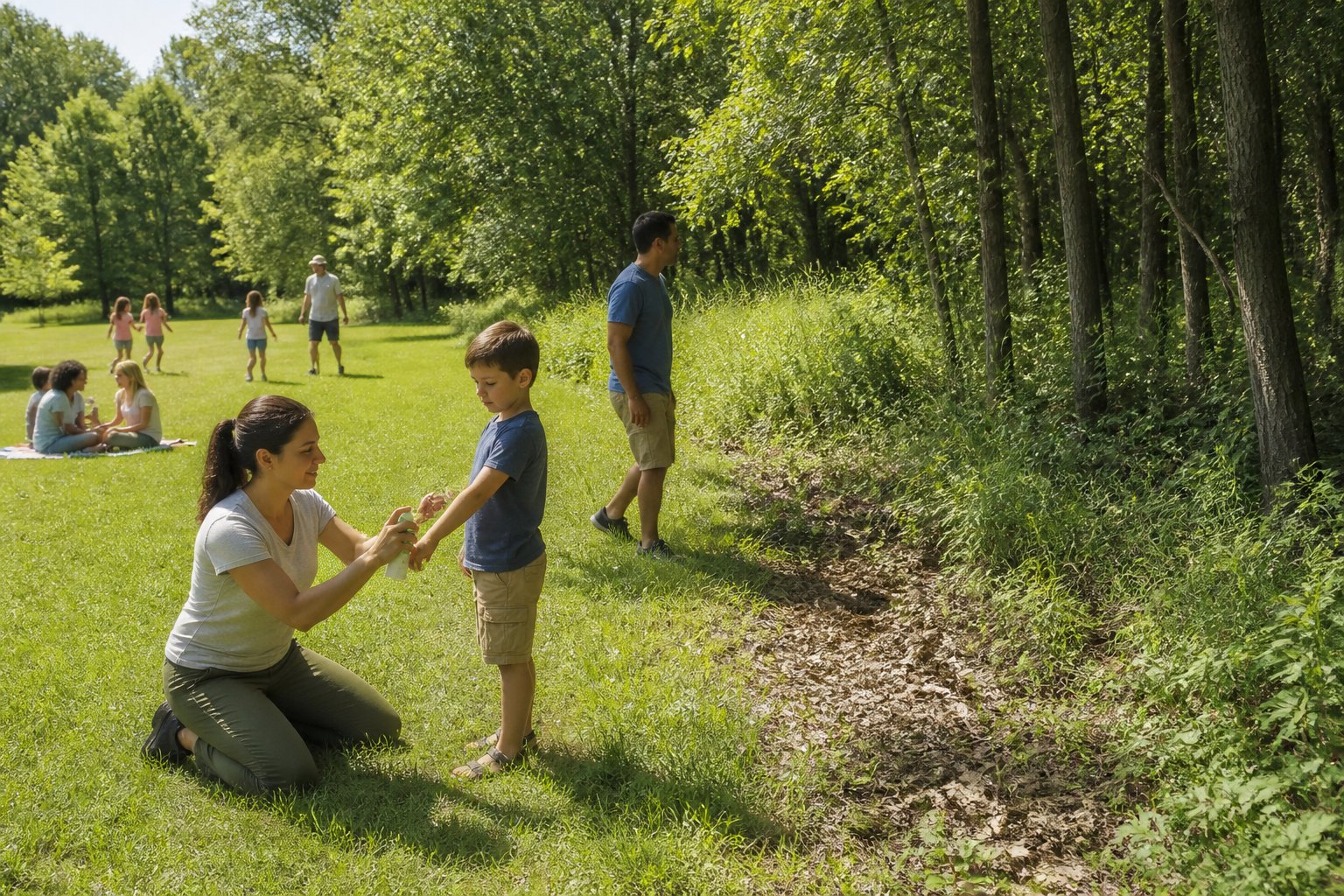 People relax in a grassy park beside a wooded area, with one person applying insect repellent.