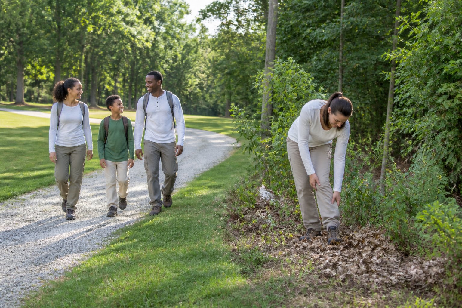 People walk along a maintained path beside dense grassy woodland while checking their clothing for ticks.