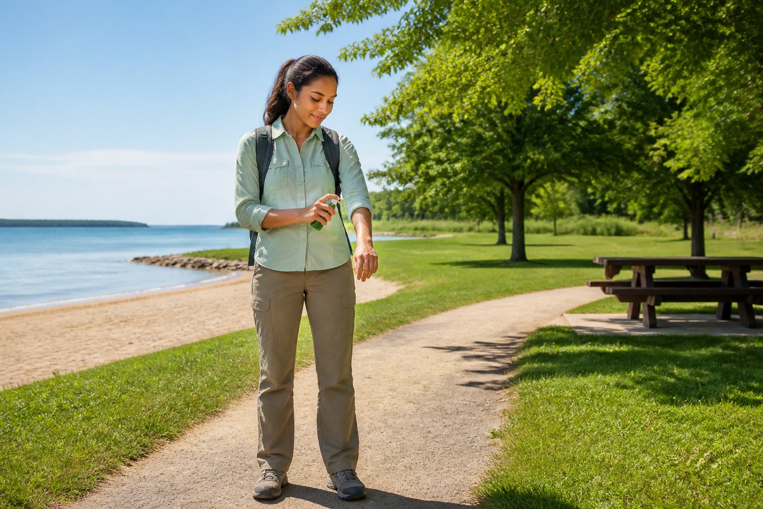 Traveler applying insect repellent on a sunny, well-maintained beachside park with open paths and short grass.